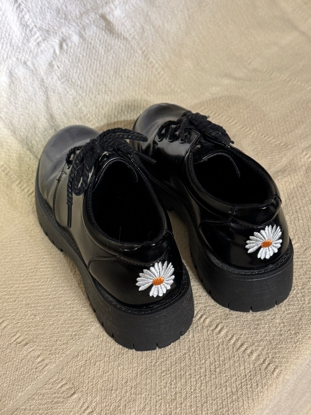 Black Chunky Platform Shoes with Daisy Embroidery